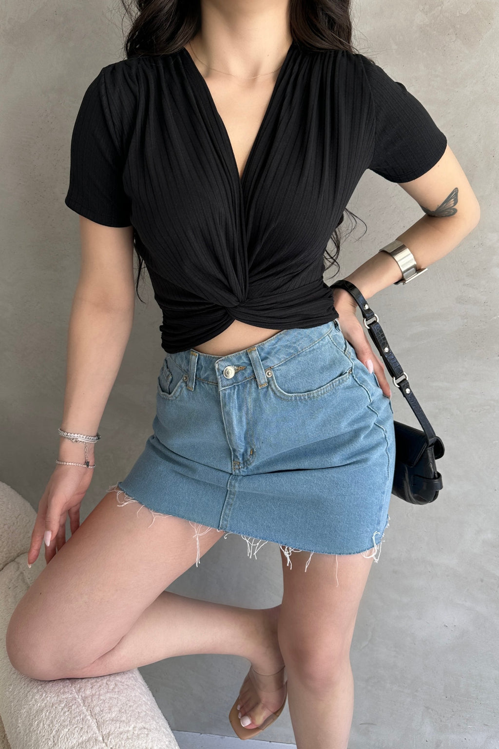 Kruvaze Yaka Crop Bluz