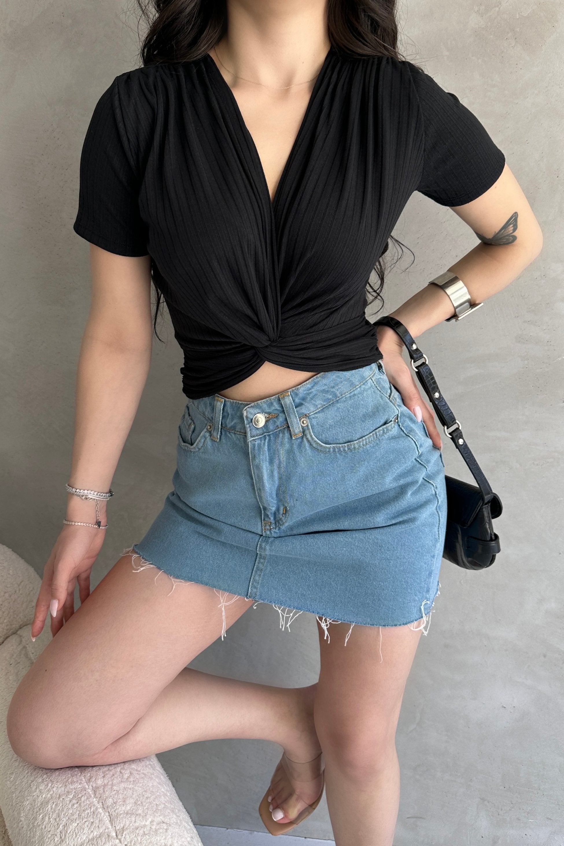 Kruvaze Yaka Crop Bluz