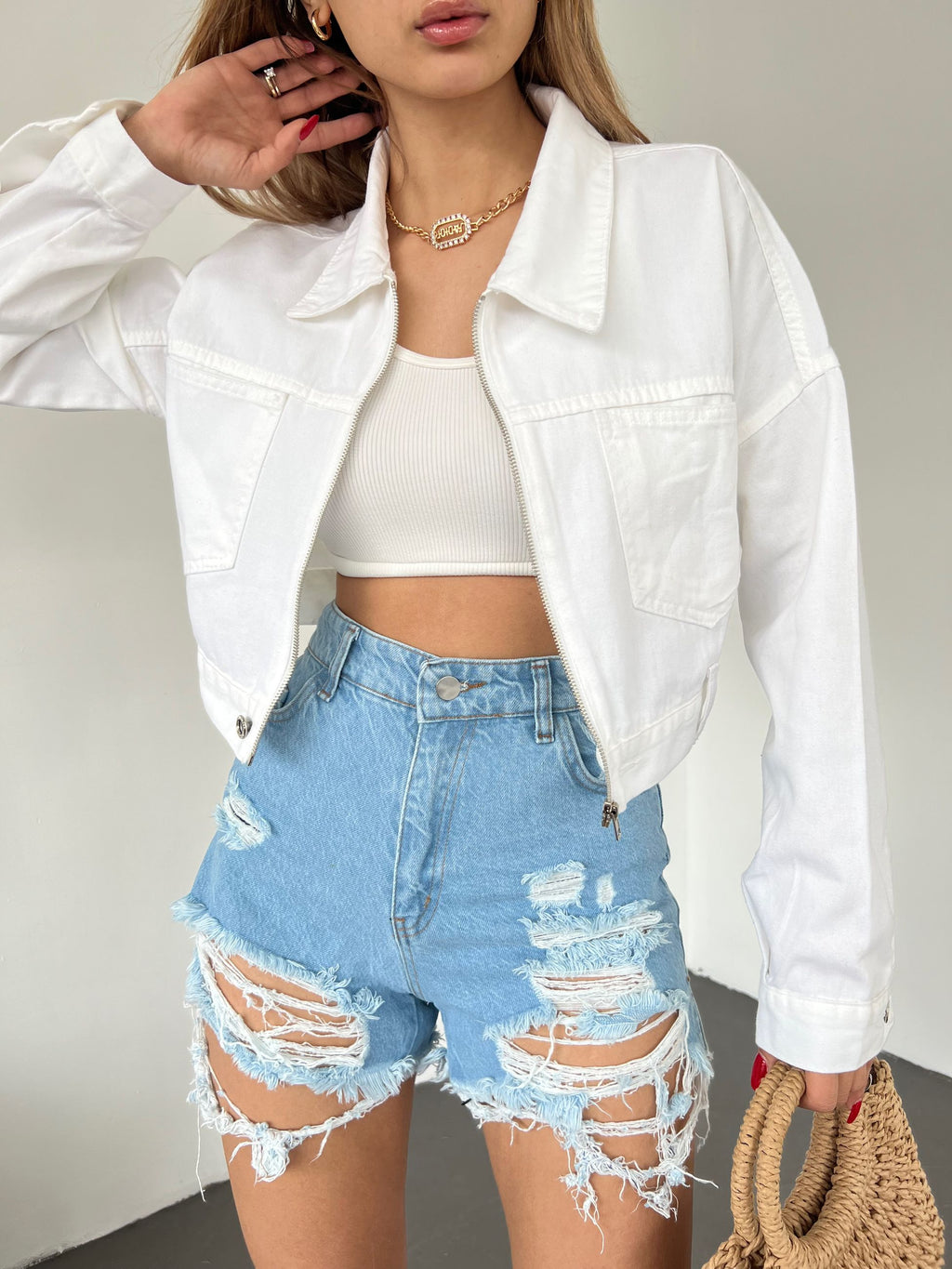 Fermuarlı Çift Cepli Denim Ceket