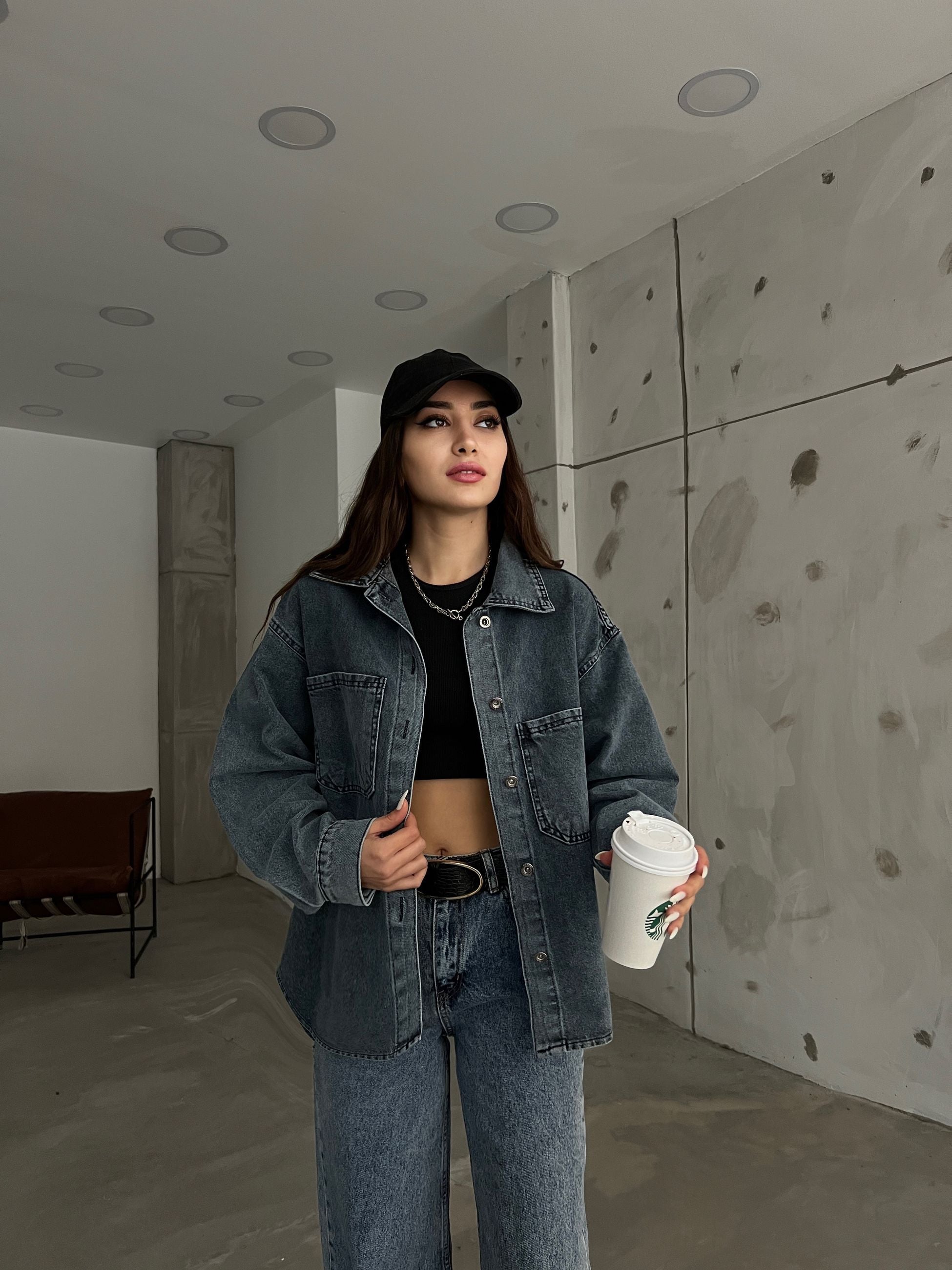 Çift Cepli Oversize Denim Gömlek Ceket
