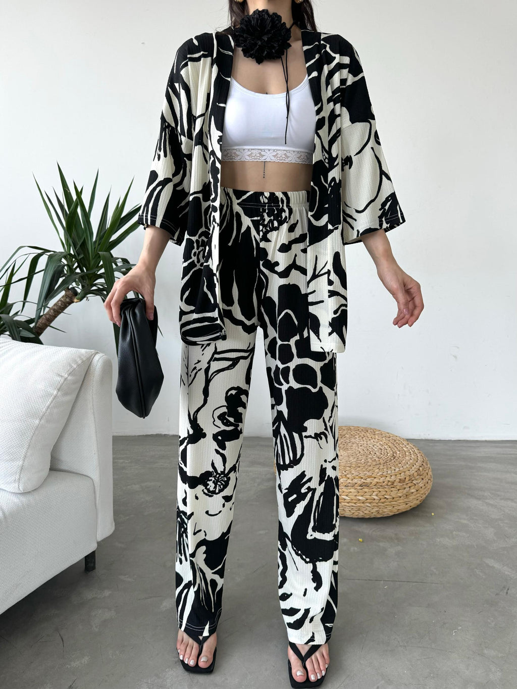 Desenli Kimono Ve Pantolon İkili Takım