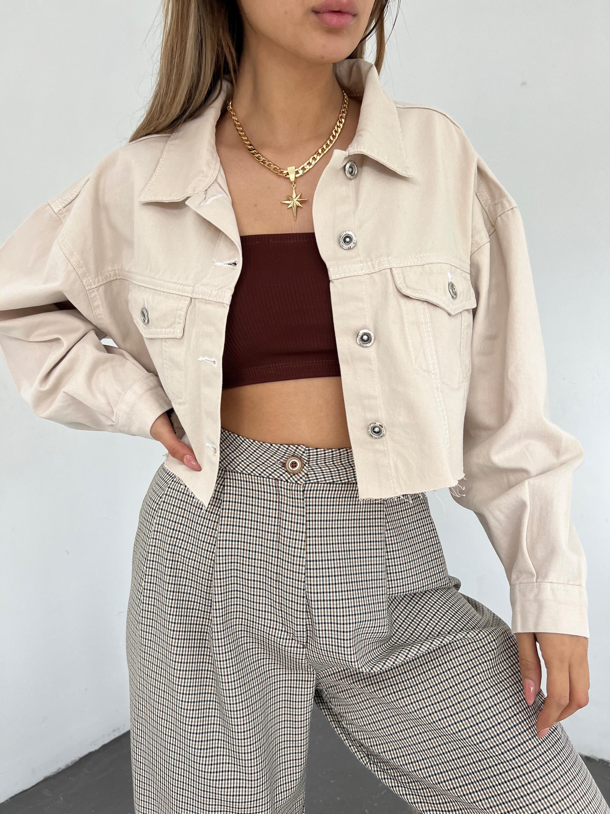 Çift Cepli Yıkamalı Crop Denim Ceket