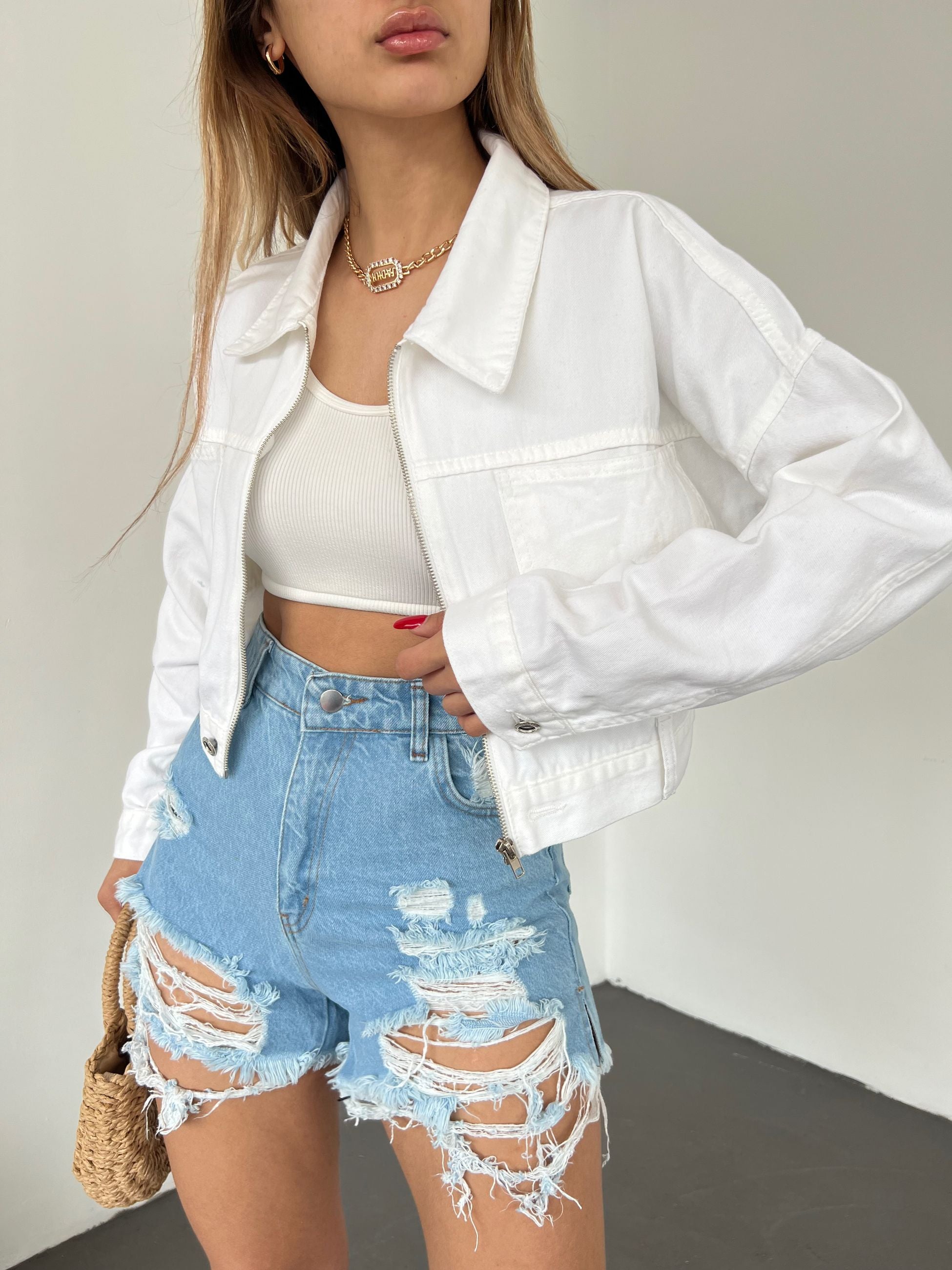 Fermuarlı Çift Cepli Denim Ceket
