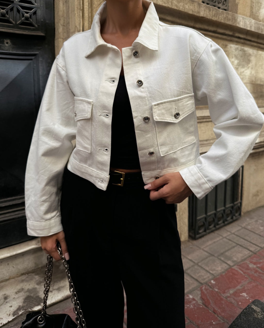 Çift Cep Denim Crop Ceket