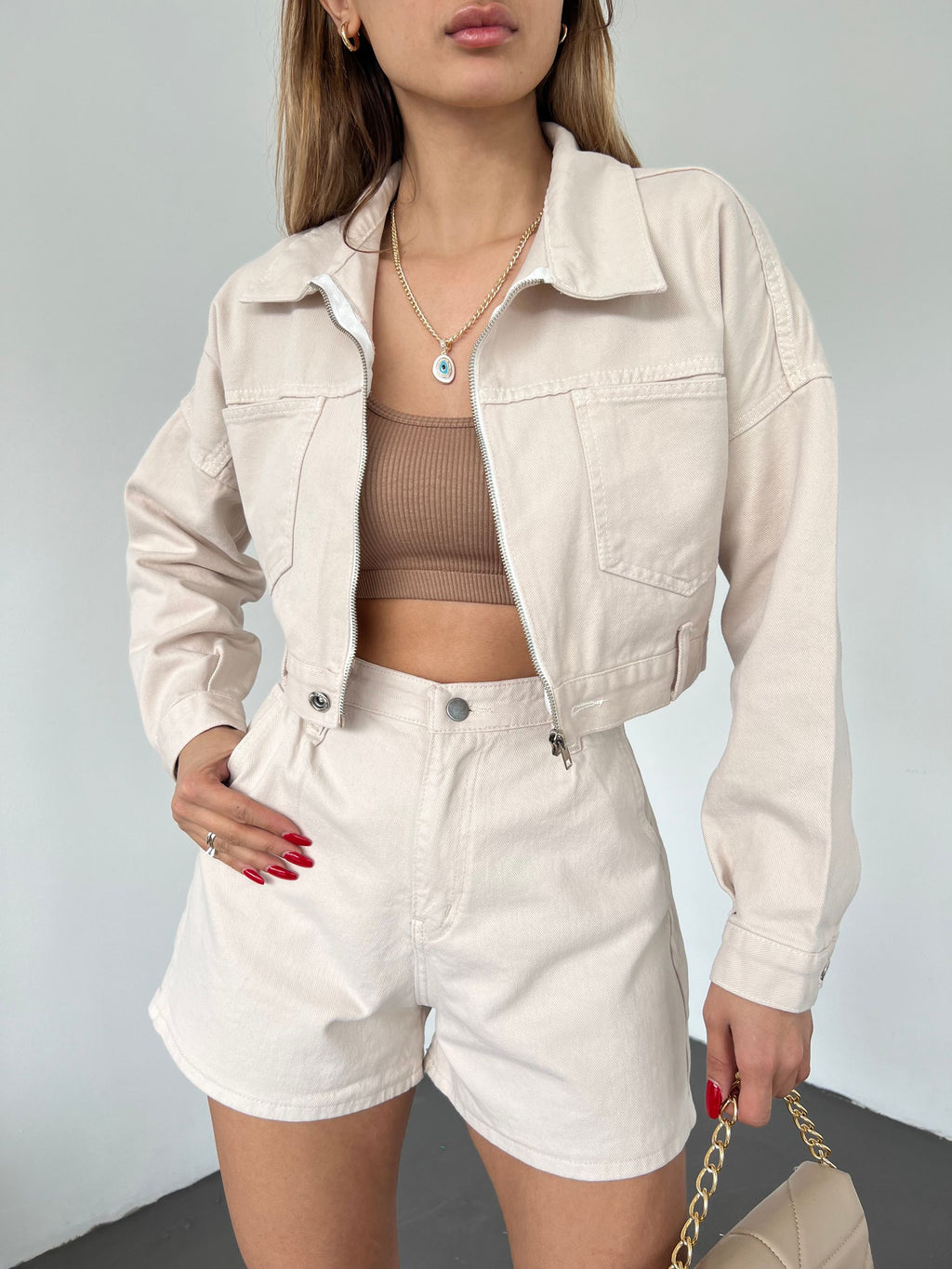 Fermuarlı Çift Cepli Denim Ceket