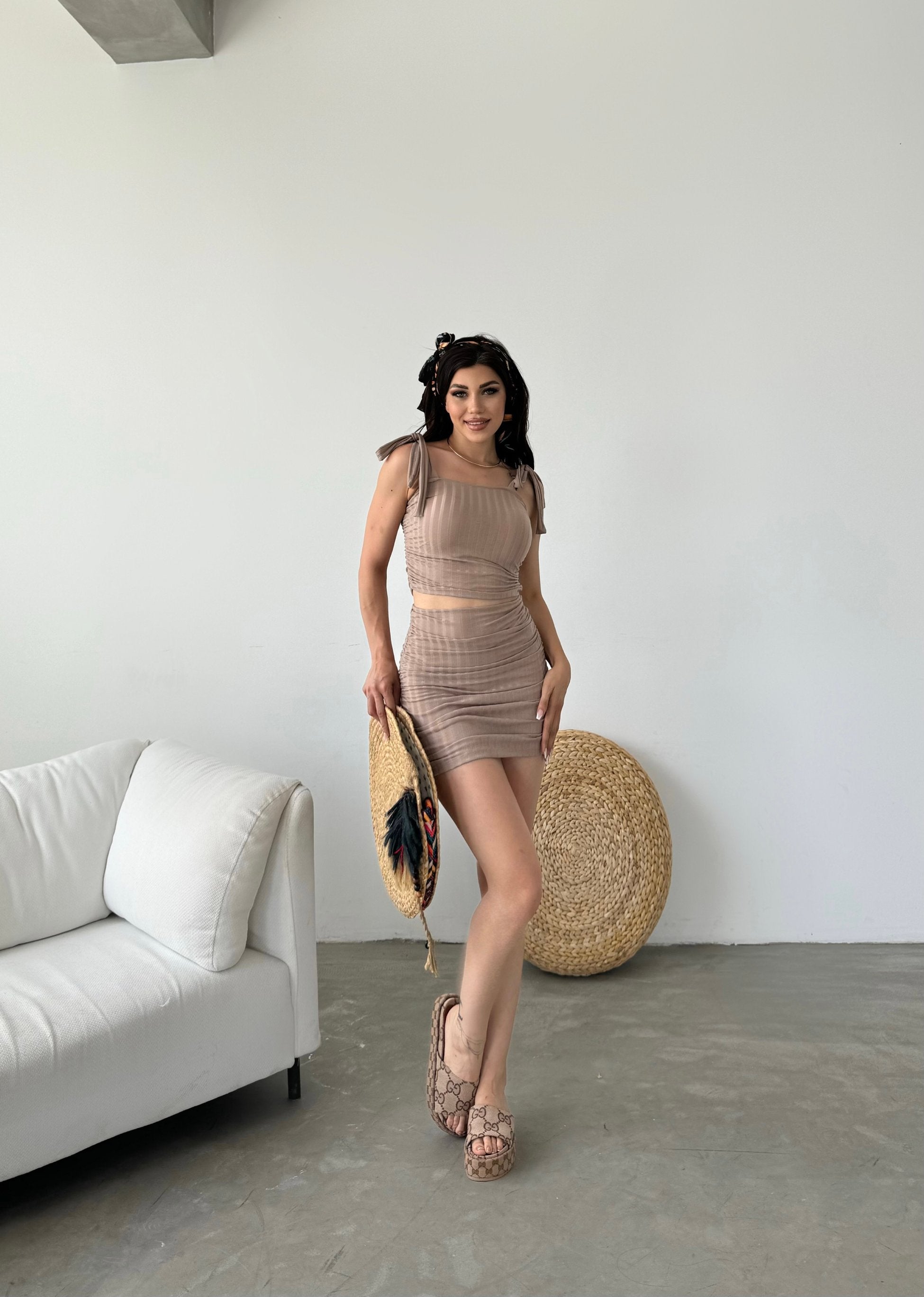 Bağcık Detaylı Crop Bluz Ve Etek İkili Takım