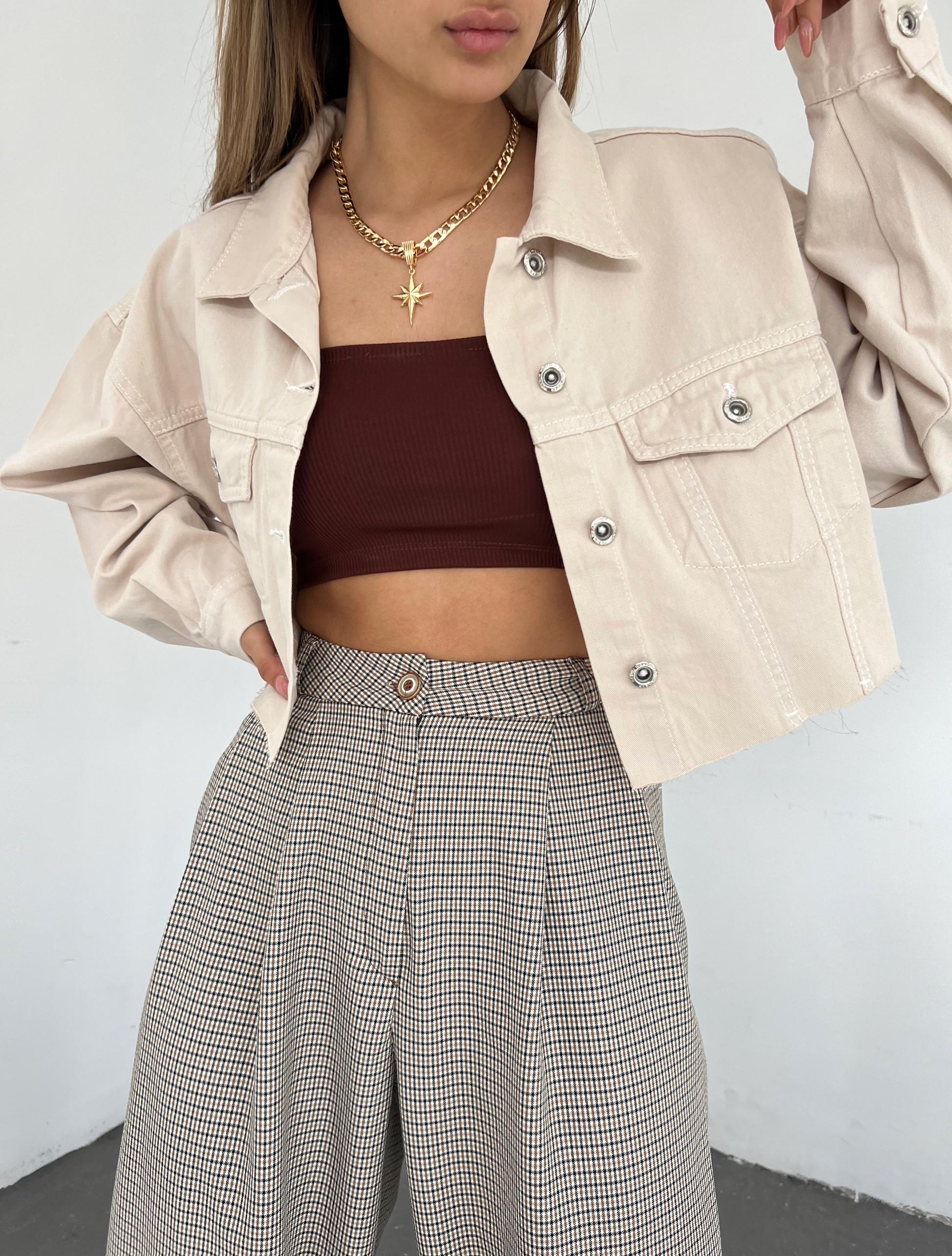 Çift Cepli Yıkamalı Crop Denim Ceket