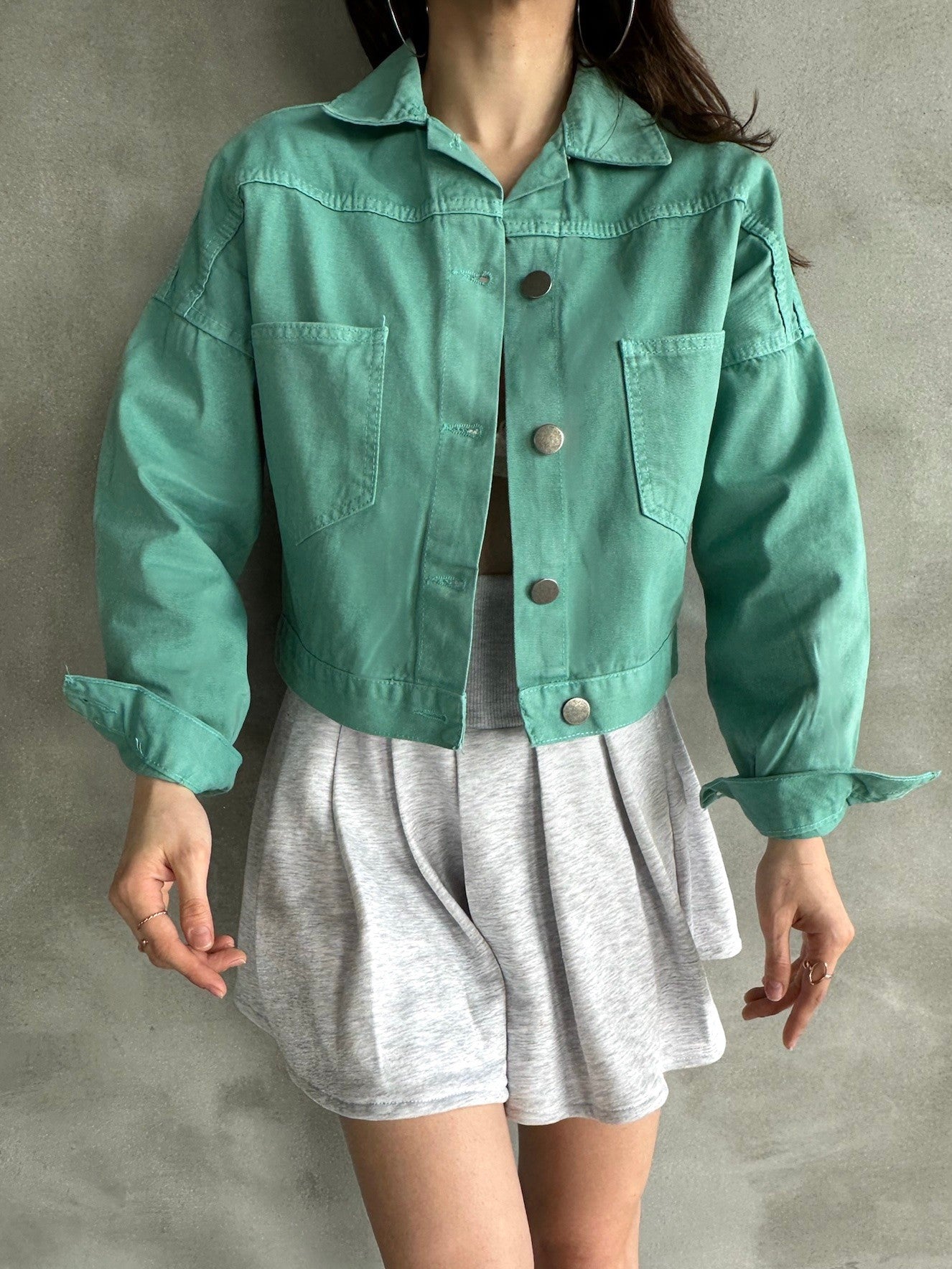 Çift Cepli Denim Crop Ceket