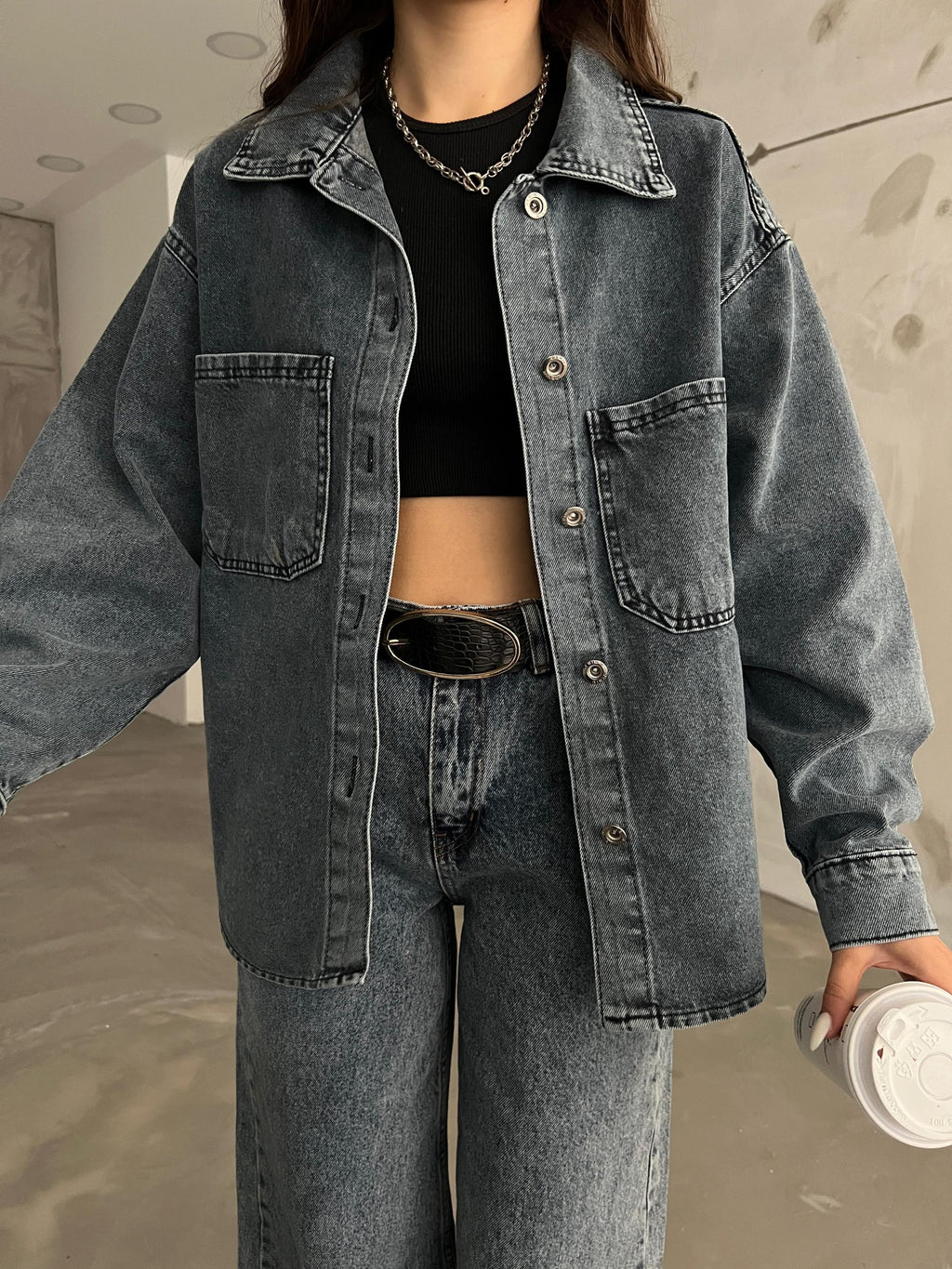 Çift Cepli Oversize Denim Gömlek Ceket