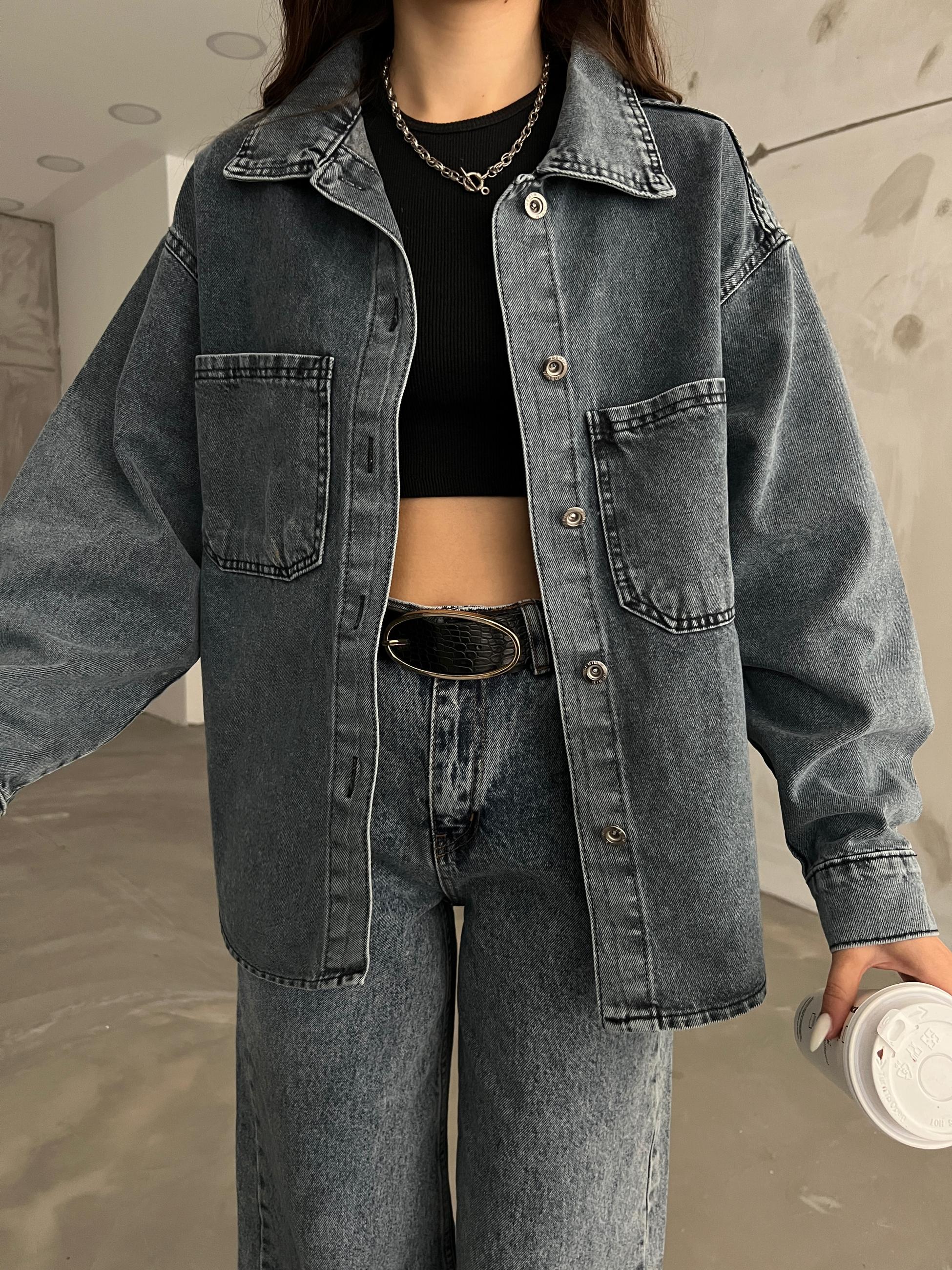 Çift Cepli Oversize Denim Gömlek Ceket