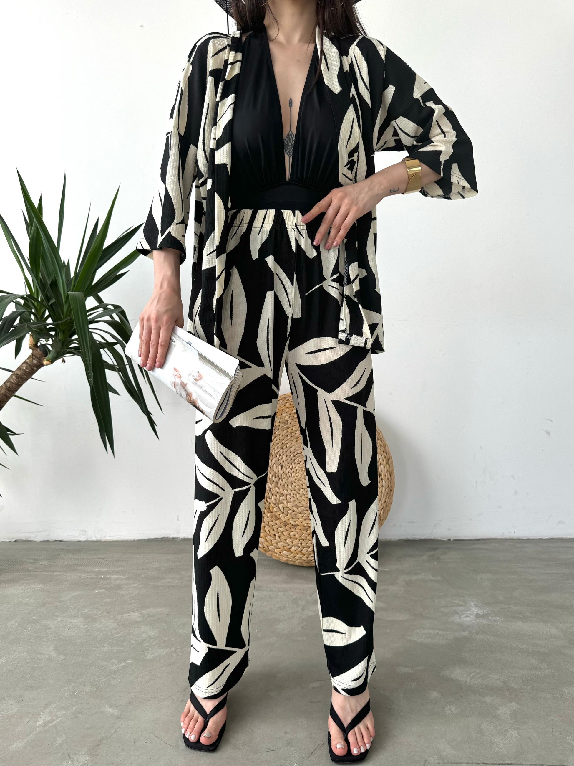 Desenli Kimono Ve Pantolon İkili Takım
