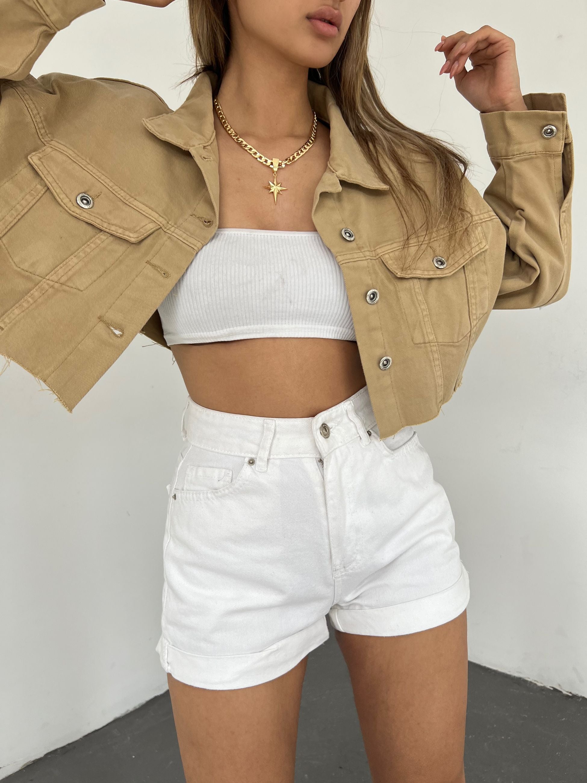 Çift Cepli Yıkamalı Crop Denim Ceket