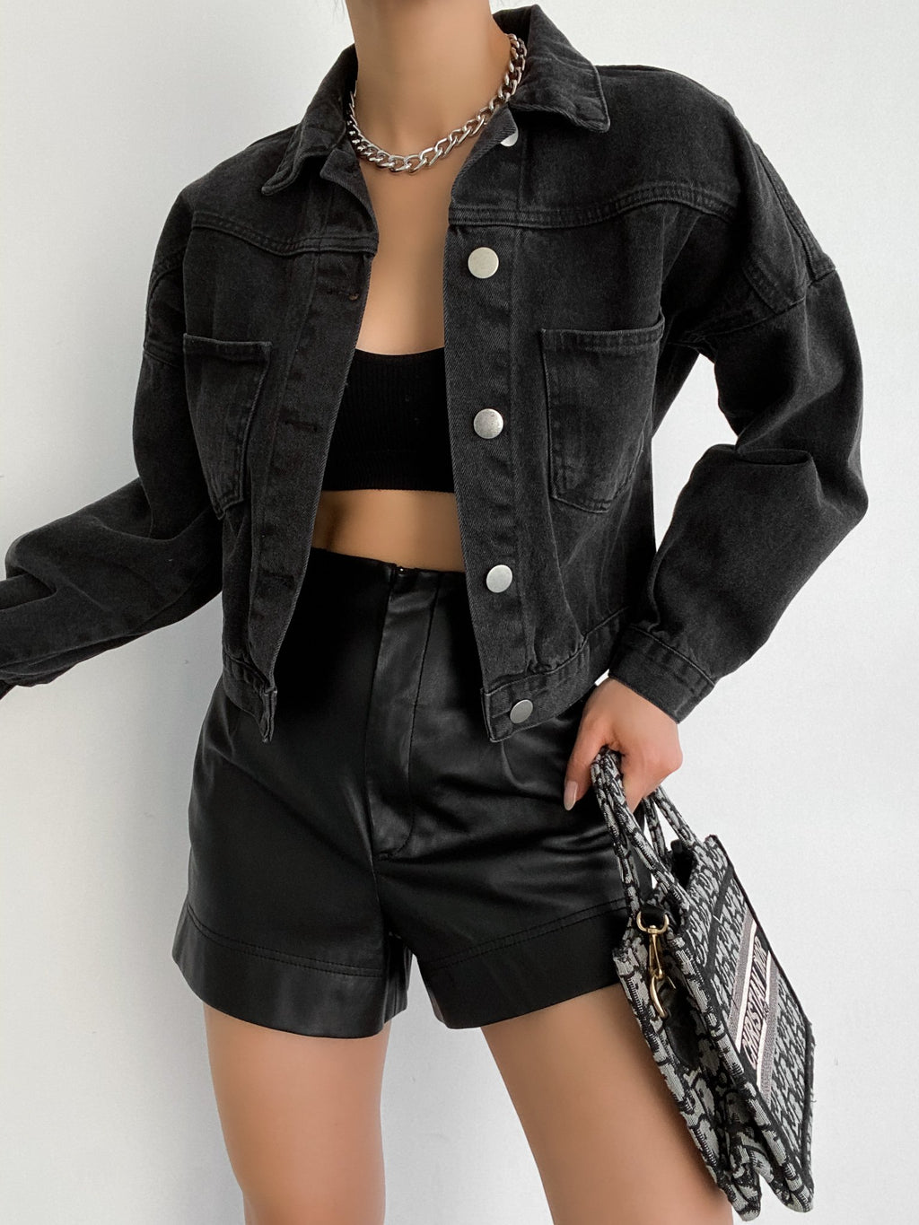 Çift Cepli Denim Crop Ceket