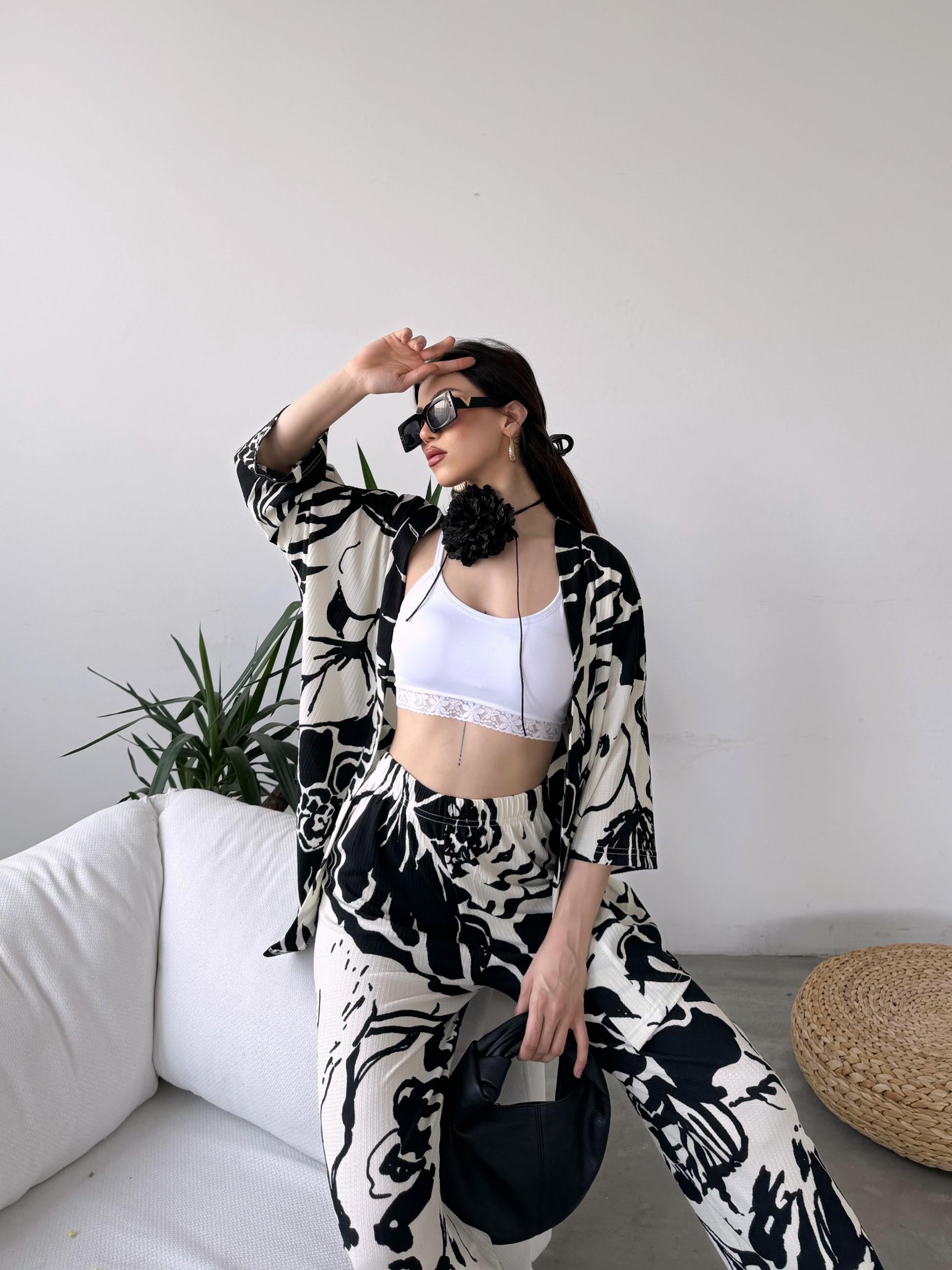 Desenli Kimono Ve Pantolon İkili Takım