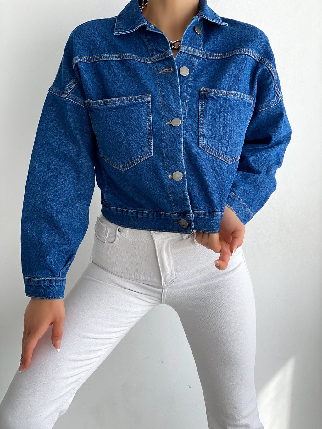 Çift Cepli Denim Crop Ceket
