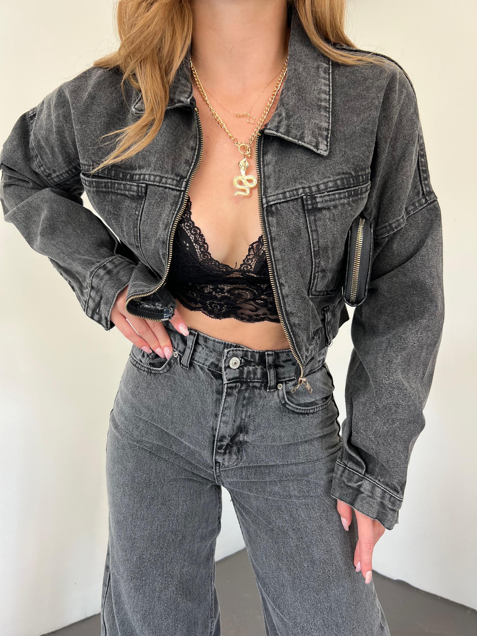 Fermuarlı Çift Cepli Denim Ceket