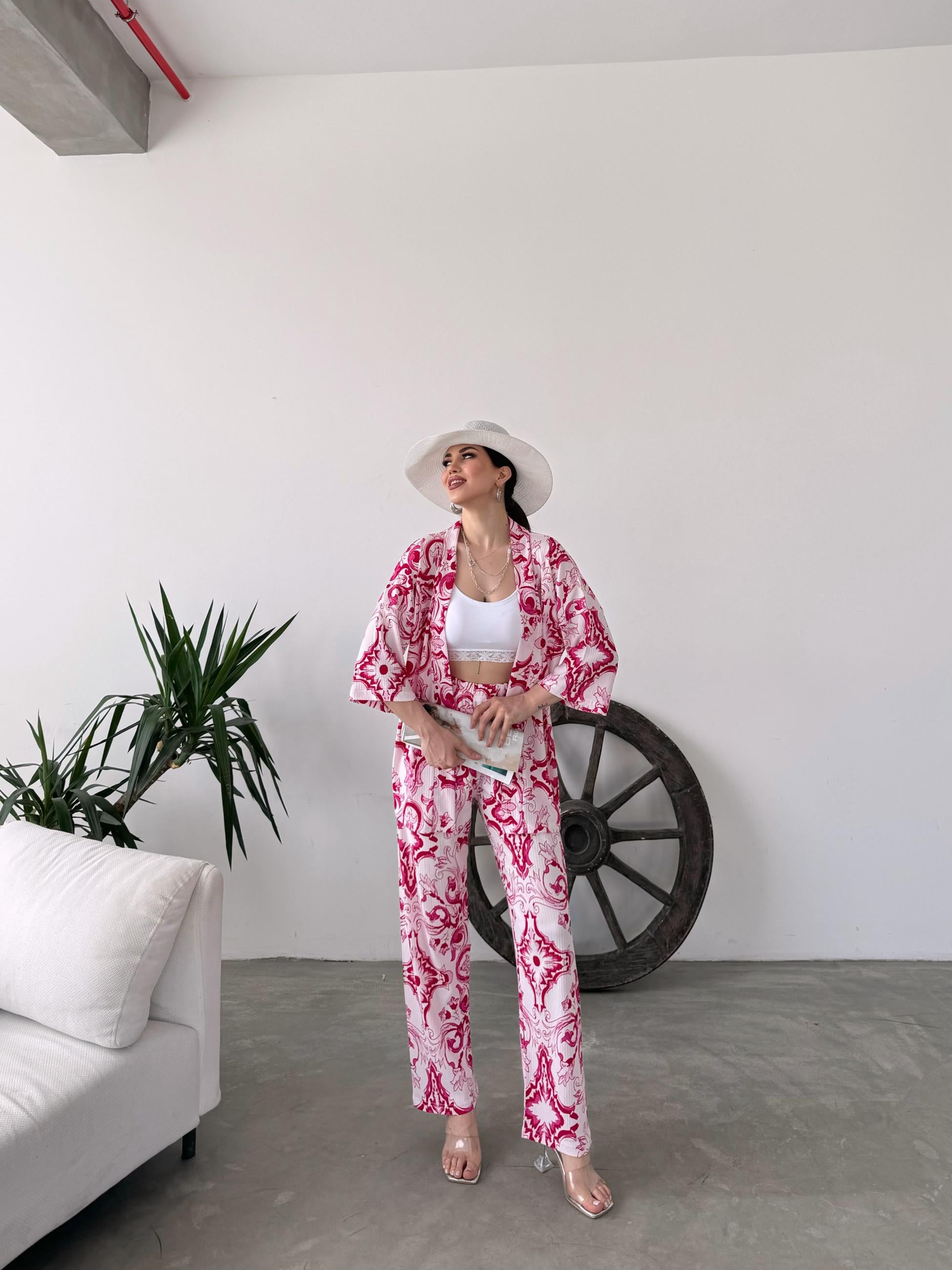 Desenli Kimono Ve Pantolon İkili Takım