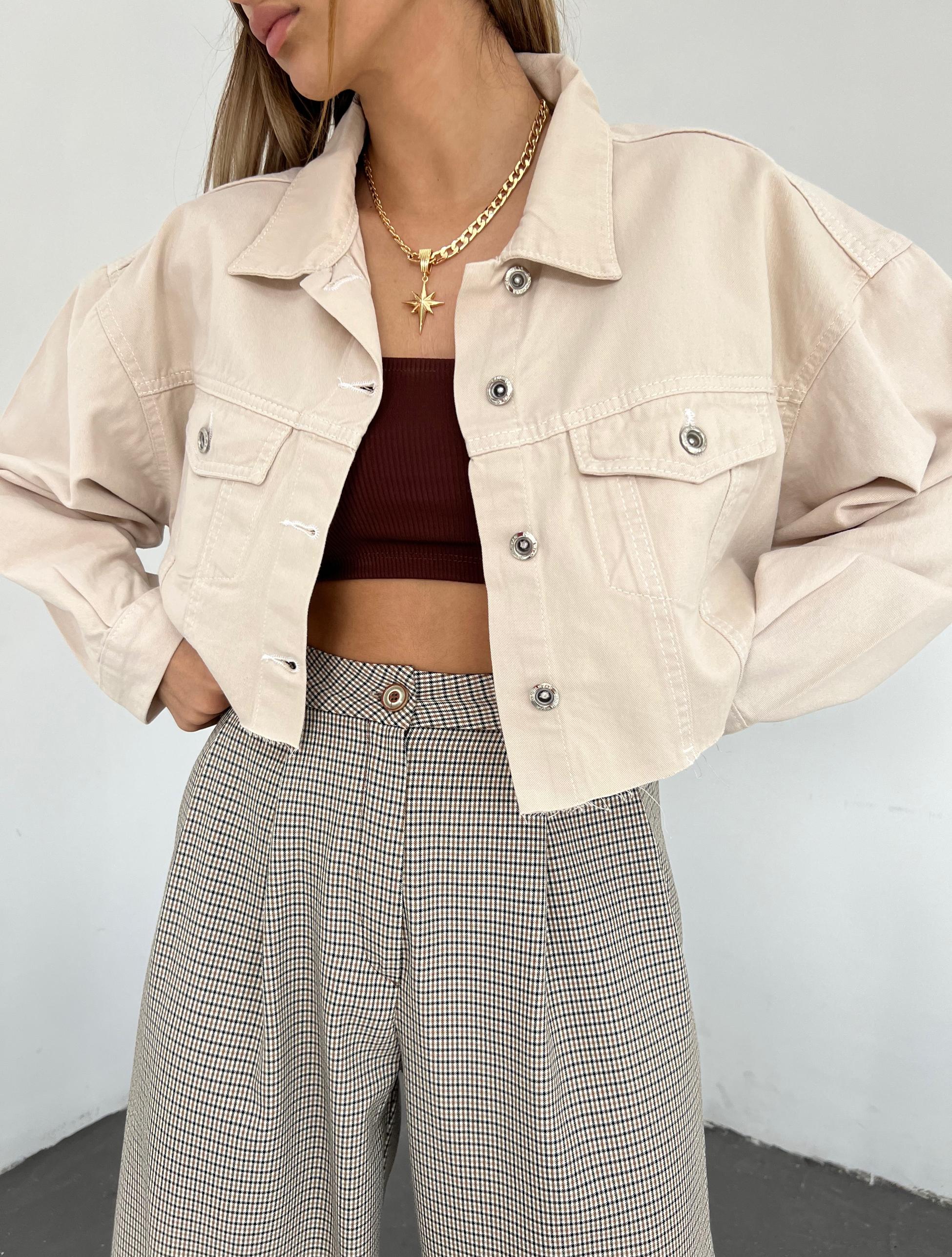 Çift Cepli Yıkamalı Crop Denim Ceket