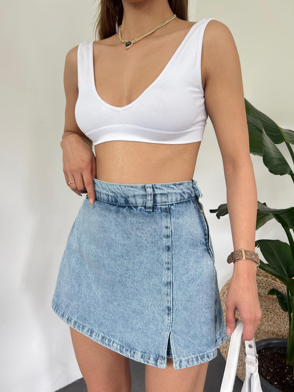 Yırtmaç Detaylı Denim Şort Etek