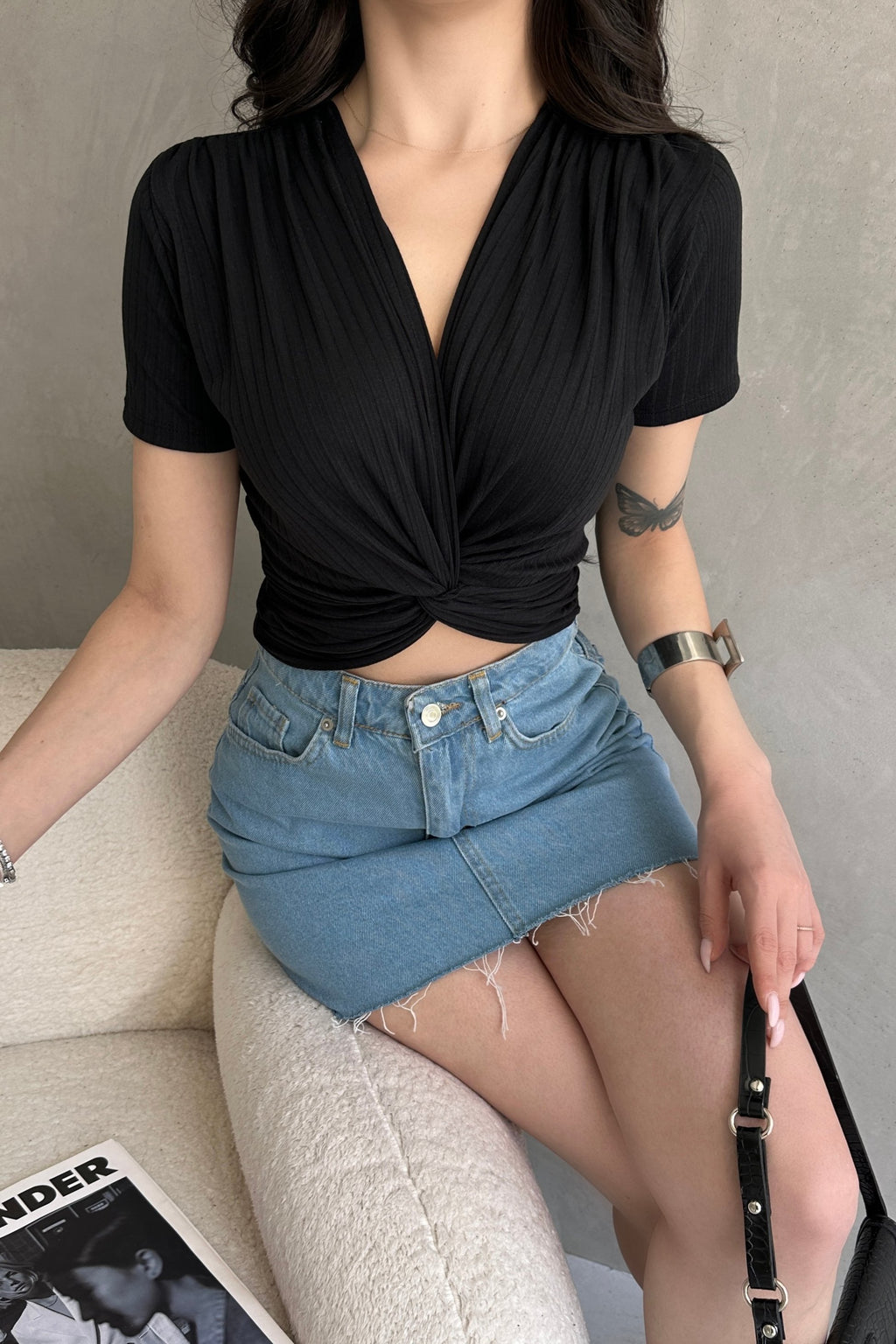 Kruvaze Yaka Crop Bluz
