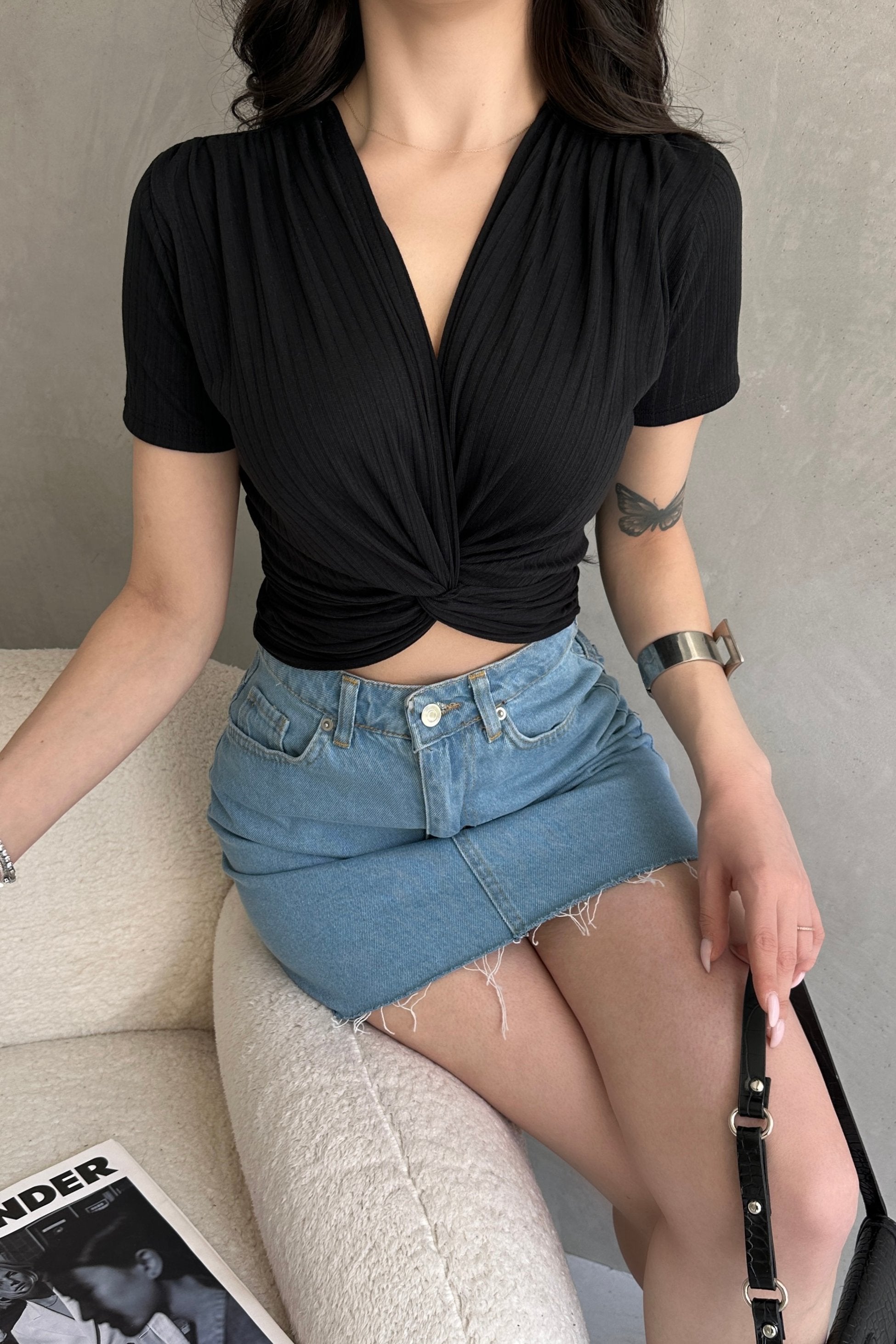 Kruvaze Yaka Crop Bluz