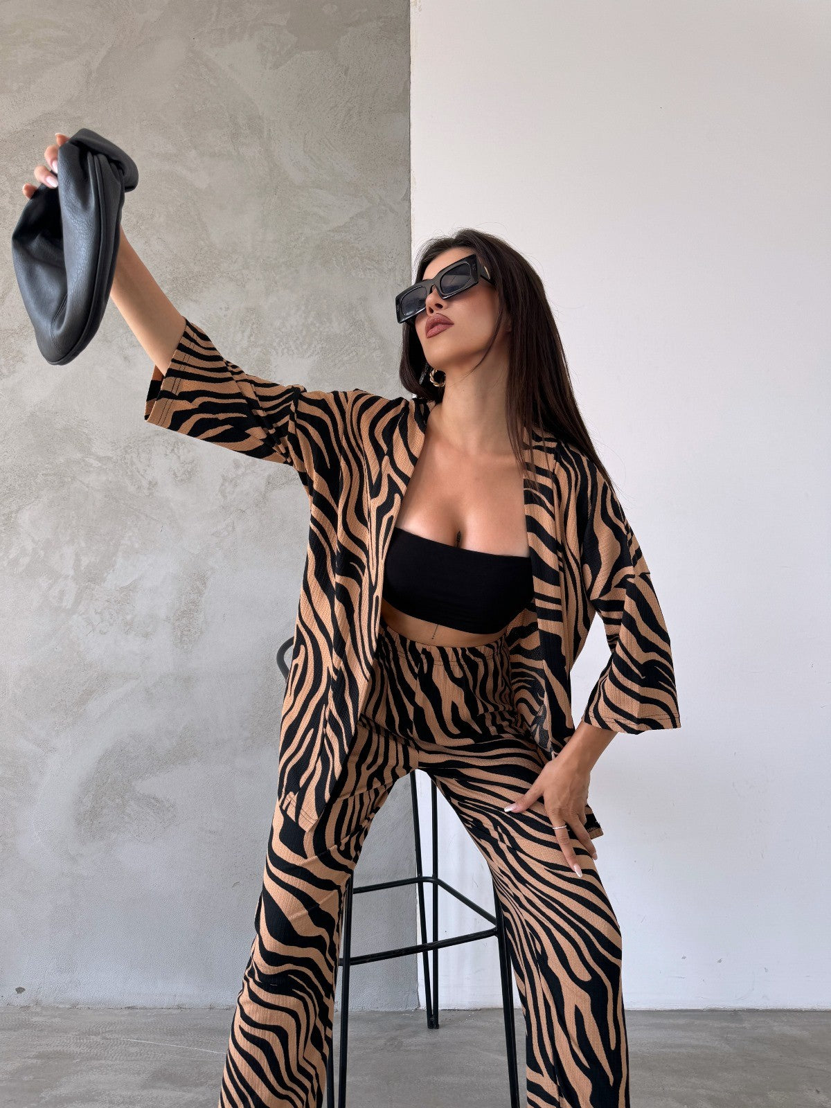 Desenli Kimono Ve Pantolon İkili Takım