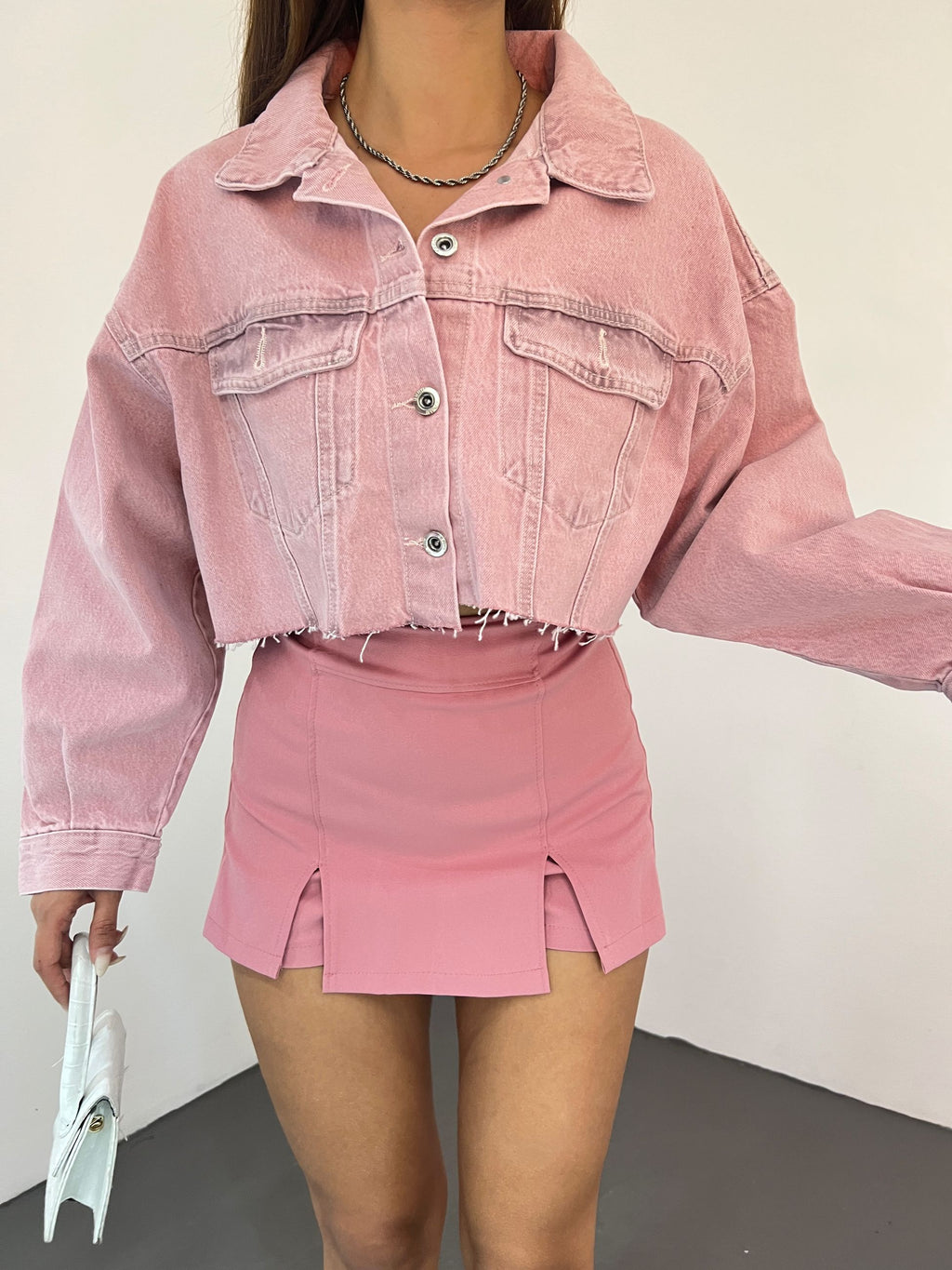 Çift Cepli Yıkamalı Crop Denim Ceket