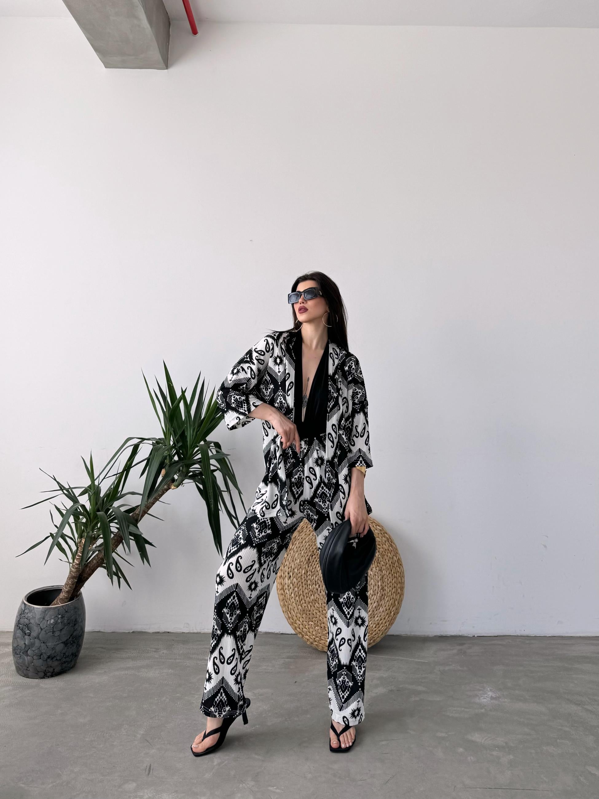 Desenli Kimono Ve Pantolon İkili Takım