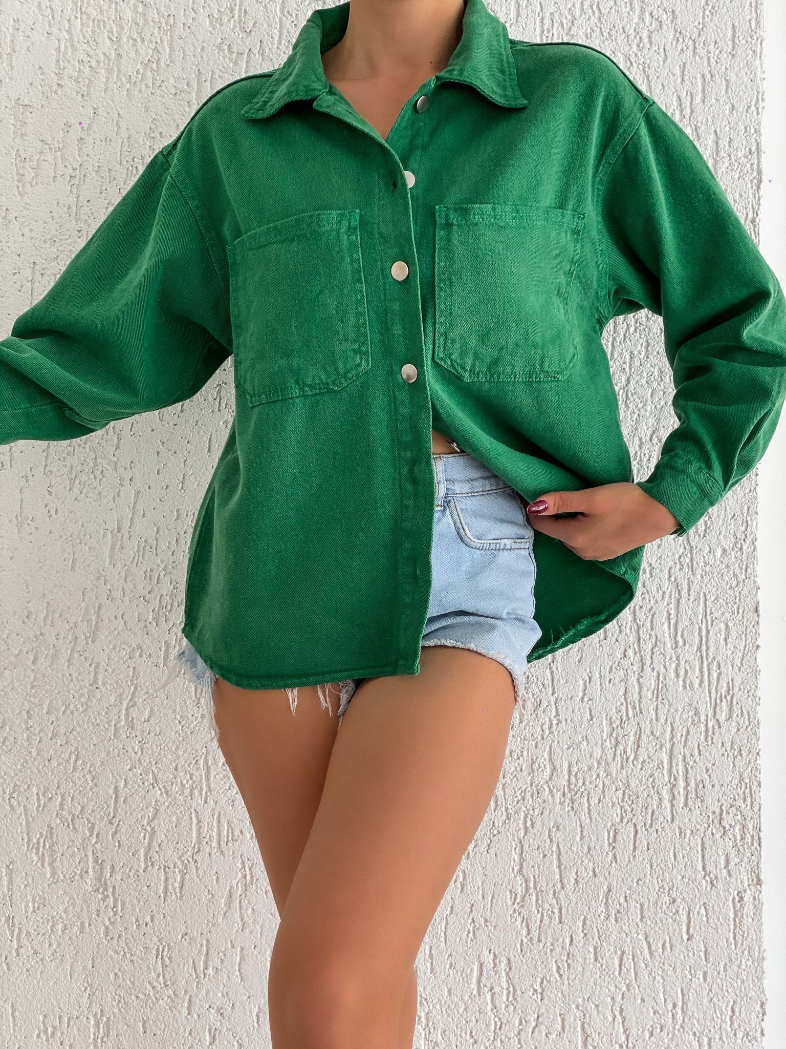 Çift Cepli Oversize Denim Gömlek Ceket
