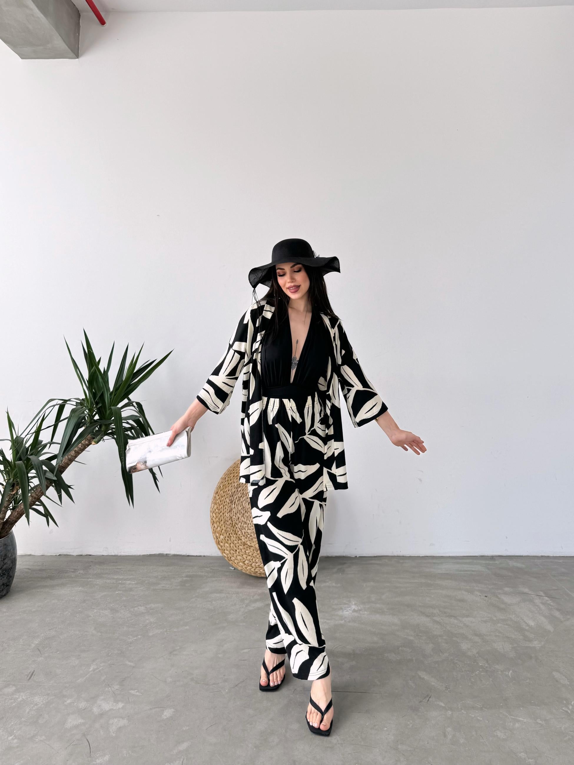 Desenli Kimono Ve Pantolon İkili Takım