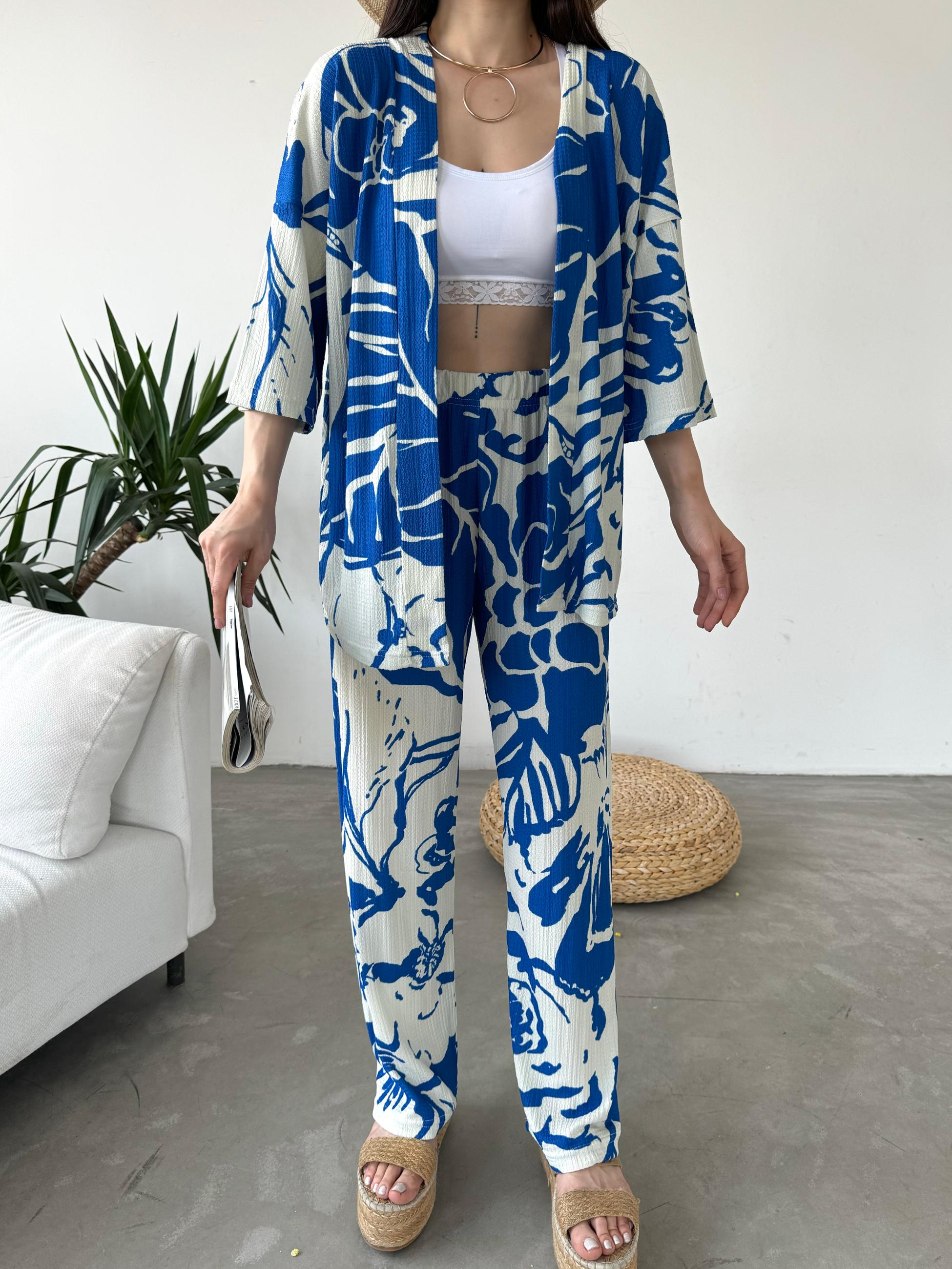 Desenli Kimono Ve Pantolon İkili Takım