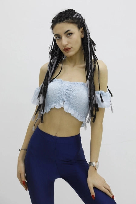 Эластичный бюстье с рукавами-фонариками, нежно-голубой - P-019964