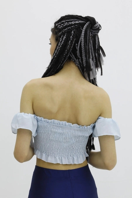 Эластичный бюстье с рукавами-фонариками, нежно-голубой - P-019964