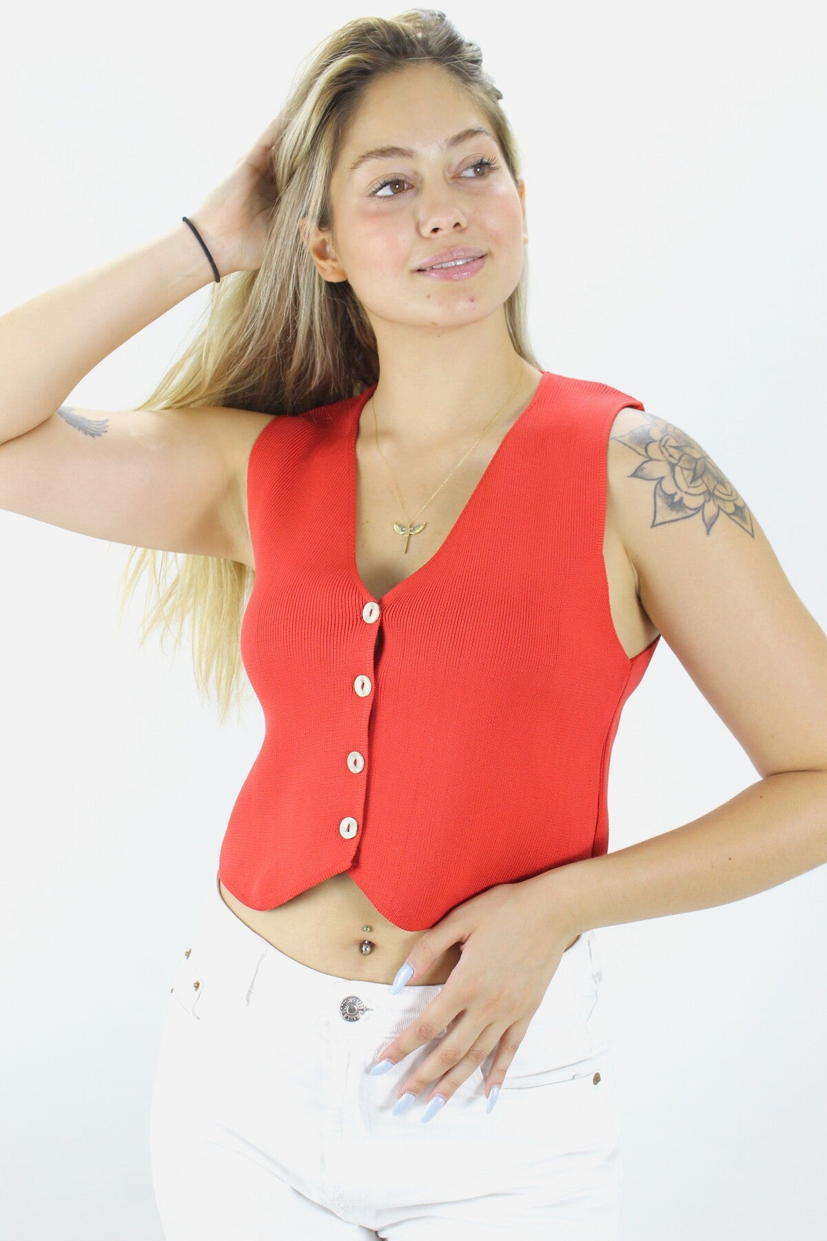 Düz Triko Crop Yelek Bluz Kırmızı - 1468.100
