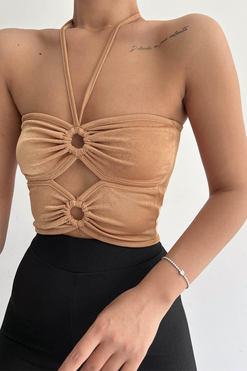 Halka Tokalı Cut Out Top Bluz Camel - 1514.9135.