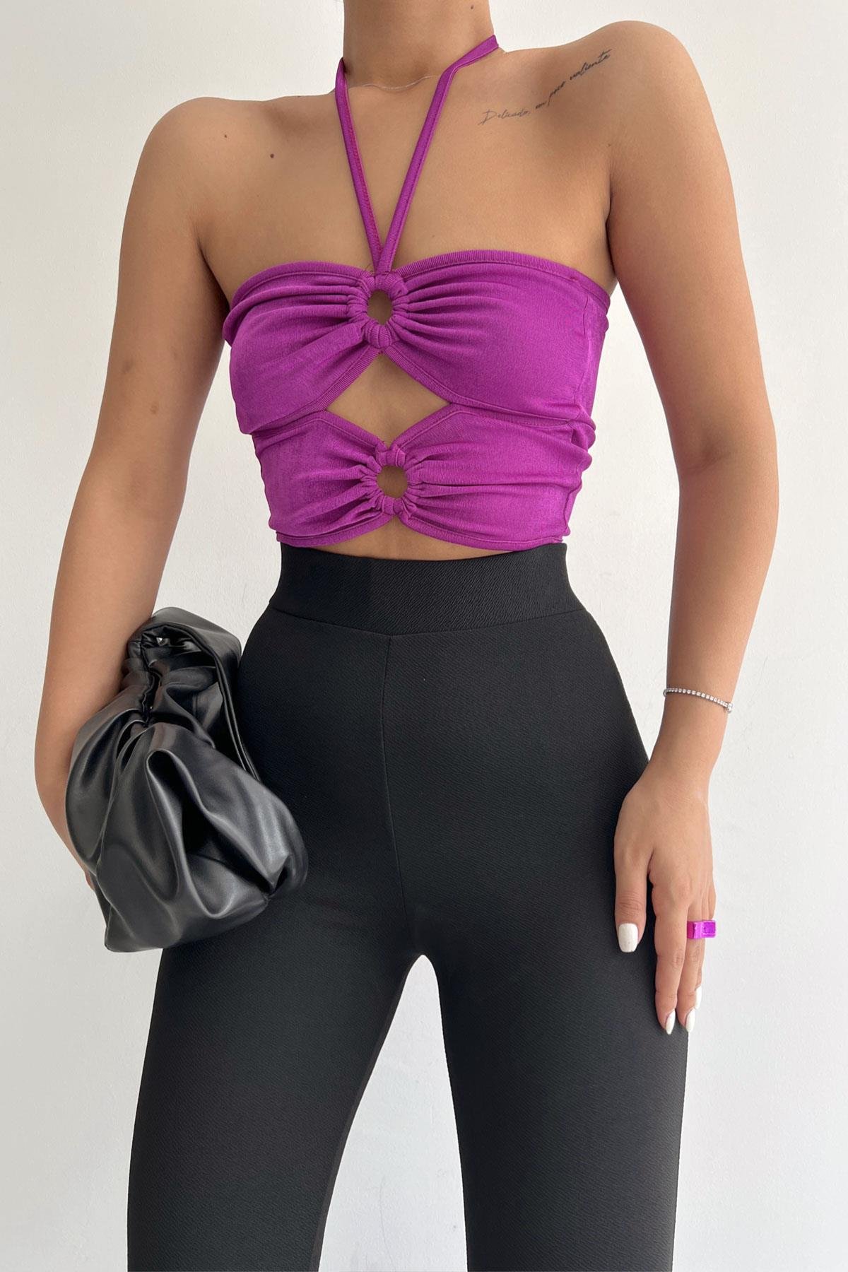 Halka Tokalı Cut Out Top Bluz Mor - 1514.9135.