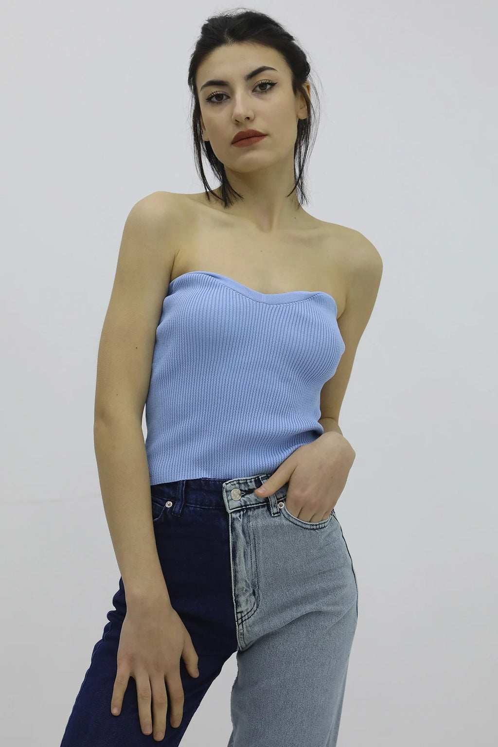 Бюстье из трикотажного изделия с лайкрой, синее - P-019895