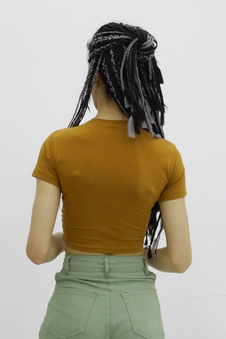 Футболка с круглым вырезом спереди, плиссированная, бежевая - P-019963