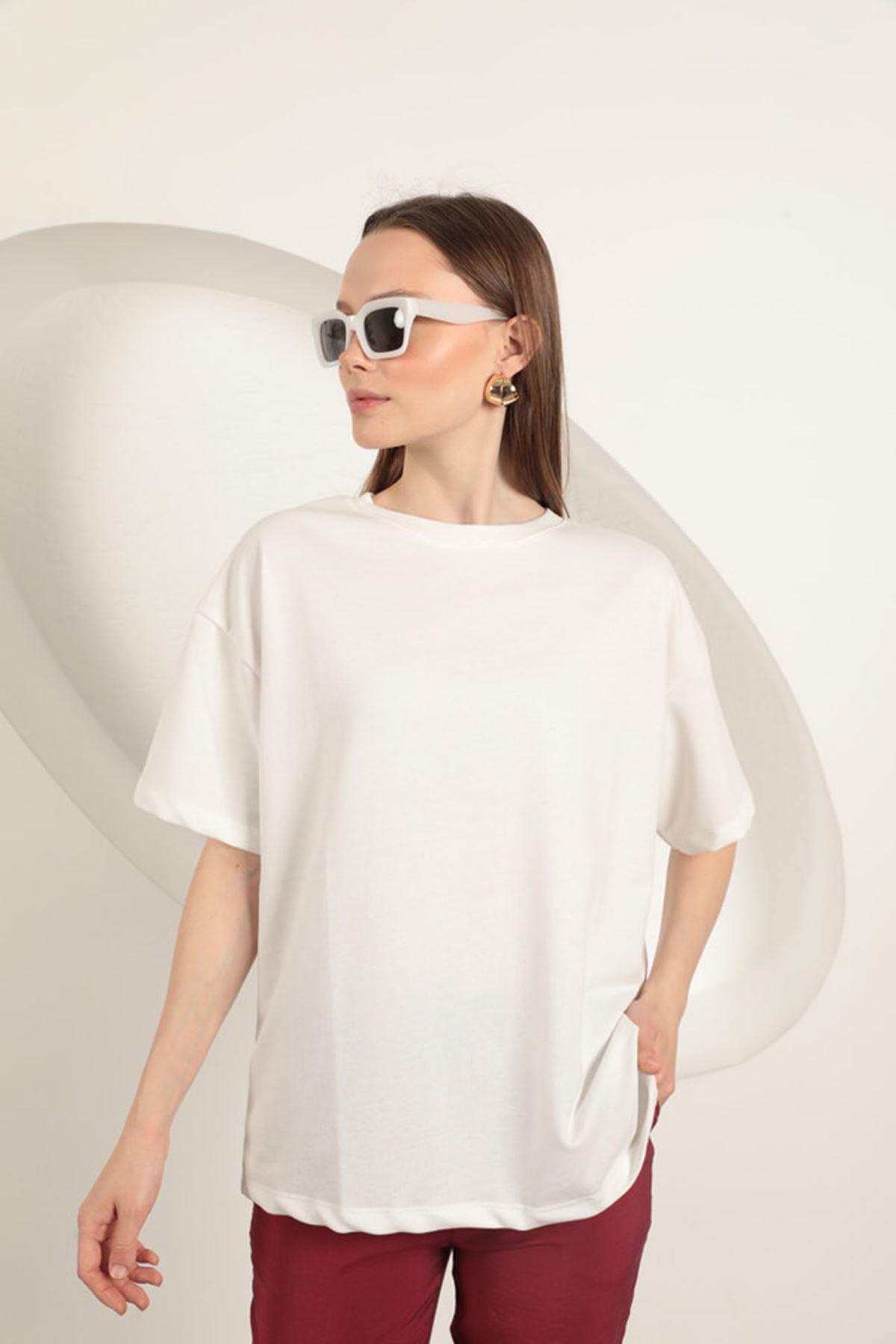 Sıfır Yaka Oversize İki İplik Tişört-Ekru