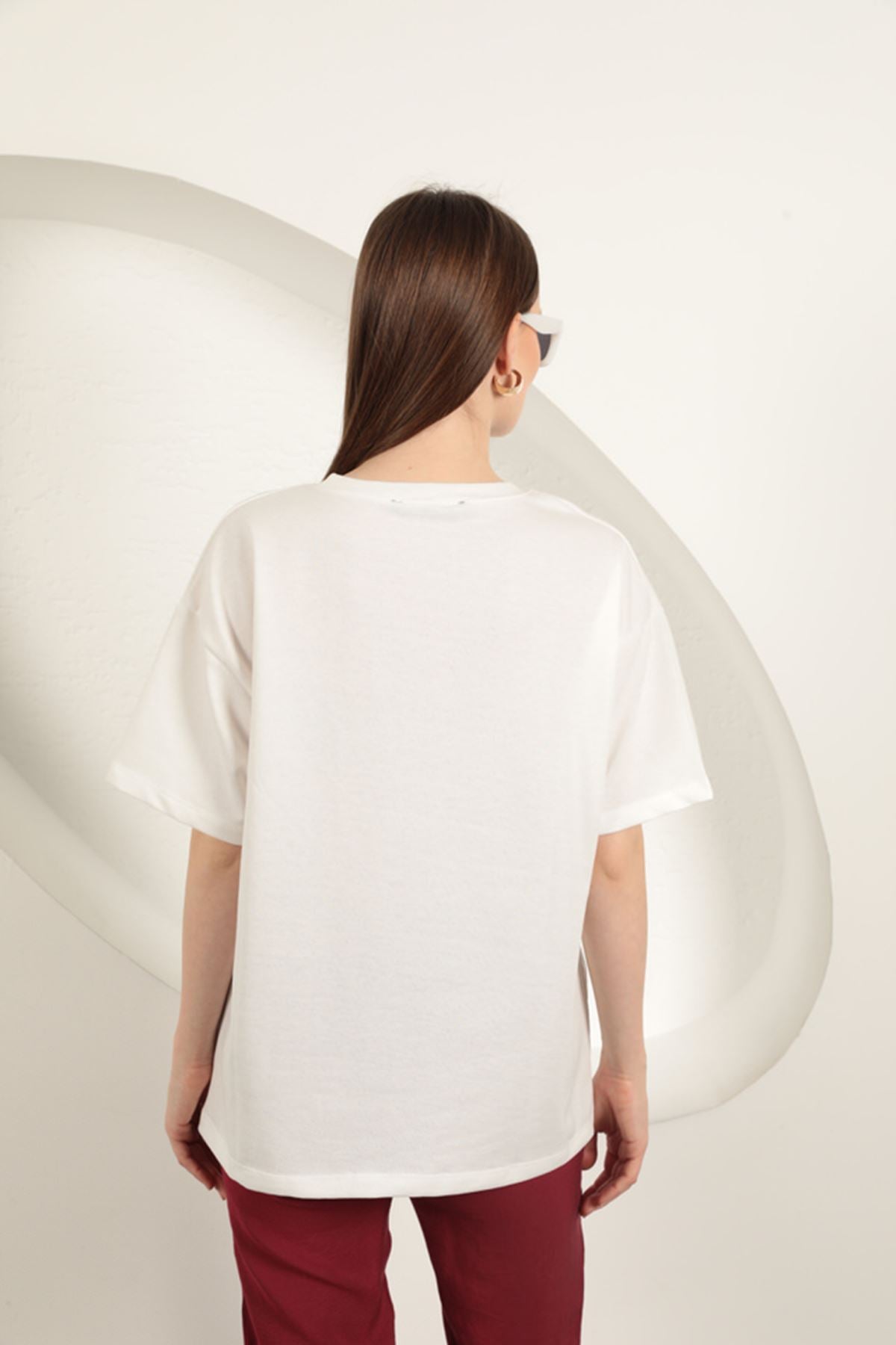 Sıfır Yaka Oversize İki İplik Tişört-Ekru